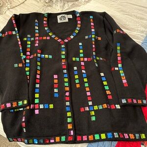 Vintage Storybook Knits Black Sweater with Colorful Tiles Design 1X